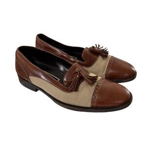 Bragano Cole Haan Two Tone Brown Leather Canvas Loafers Mens 8M Tassels Italy